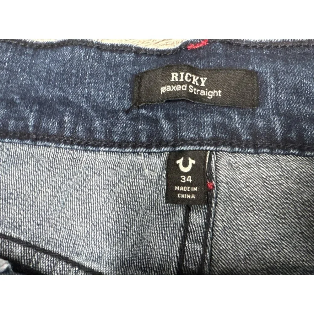 True Religion Ricky Jeans Mens 34 Blue Denim‎ Relaxed Straight Stretch $159 NEW
